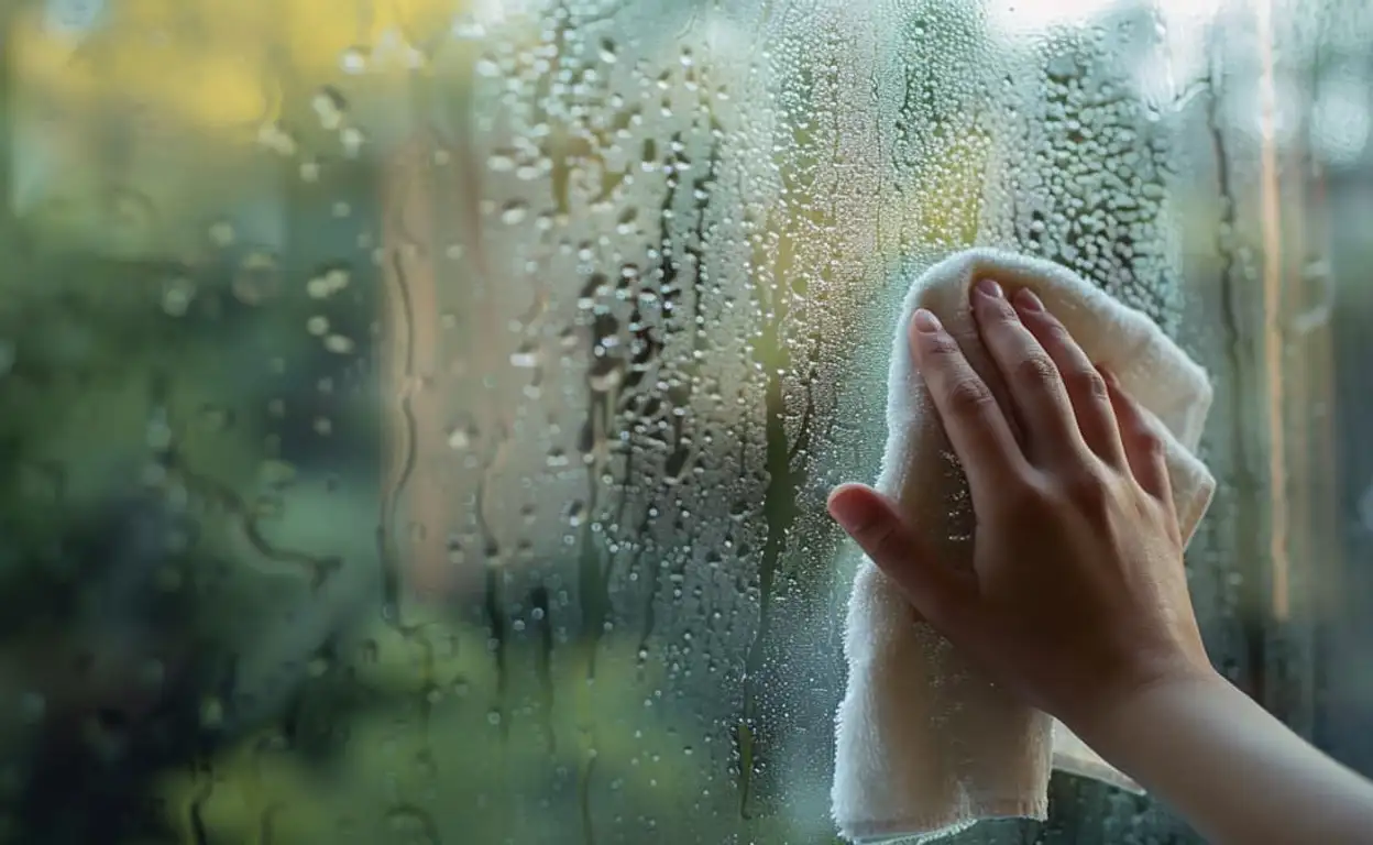 Een raam is beslagen door de hoge luchtvochtigheid en een hand veegt het raam droog met een doekje