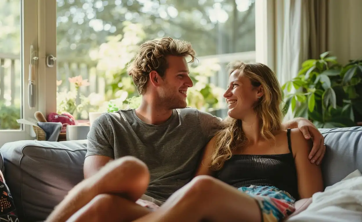 Gelukkig koppel geniet van een staycation in hun huurwoning