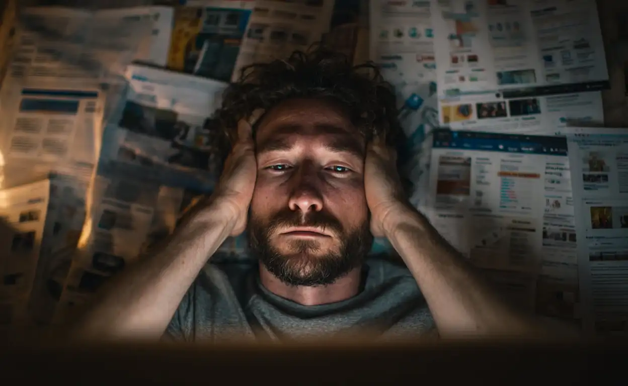 Een gefrustreerde man zit met zijn handen in het haar omringt door huurwoningadvertenties.