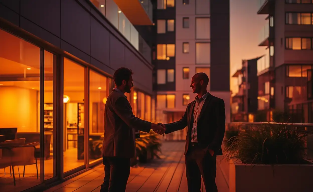 Een verhuurder en een huurder schudden elkaar de hand voor een appartement bij zonsondergang