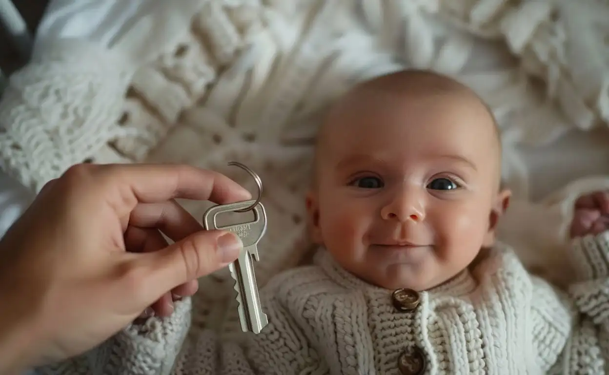 Een lachende baby die een huissleutel krijgt aangereikt.