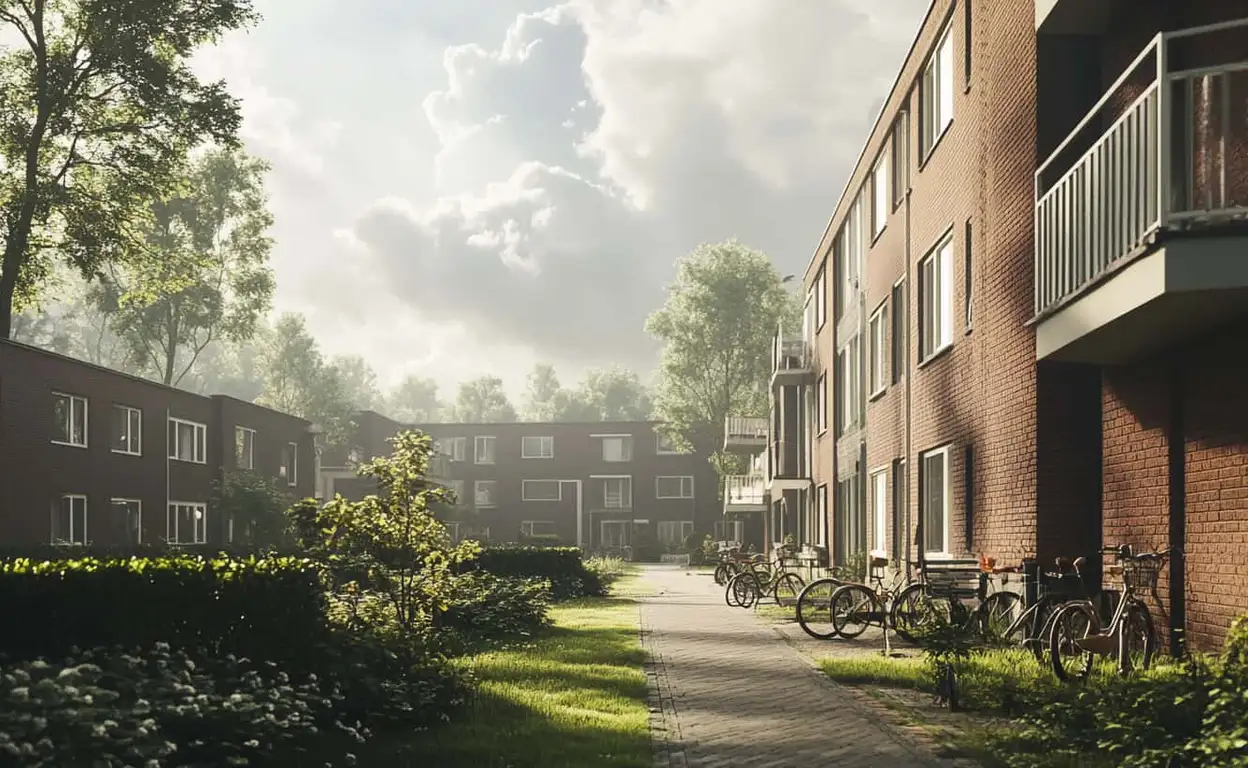Sociale huurwoningen in Nederland op lentedag met wolken.