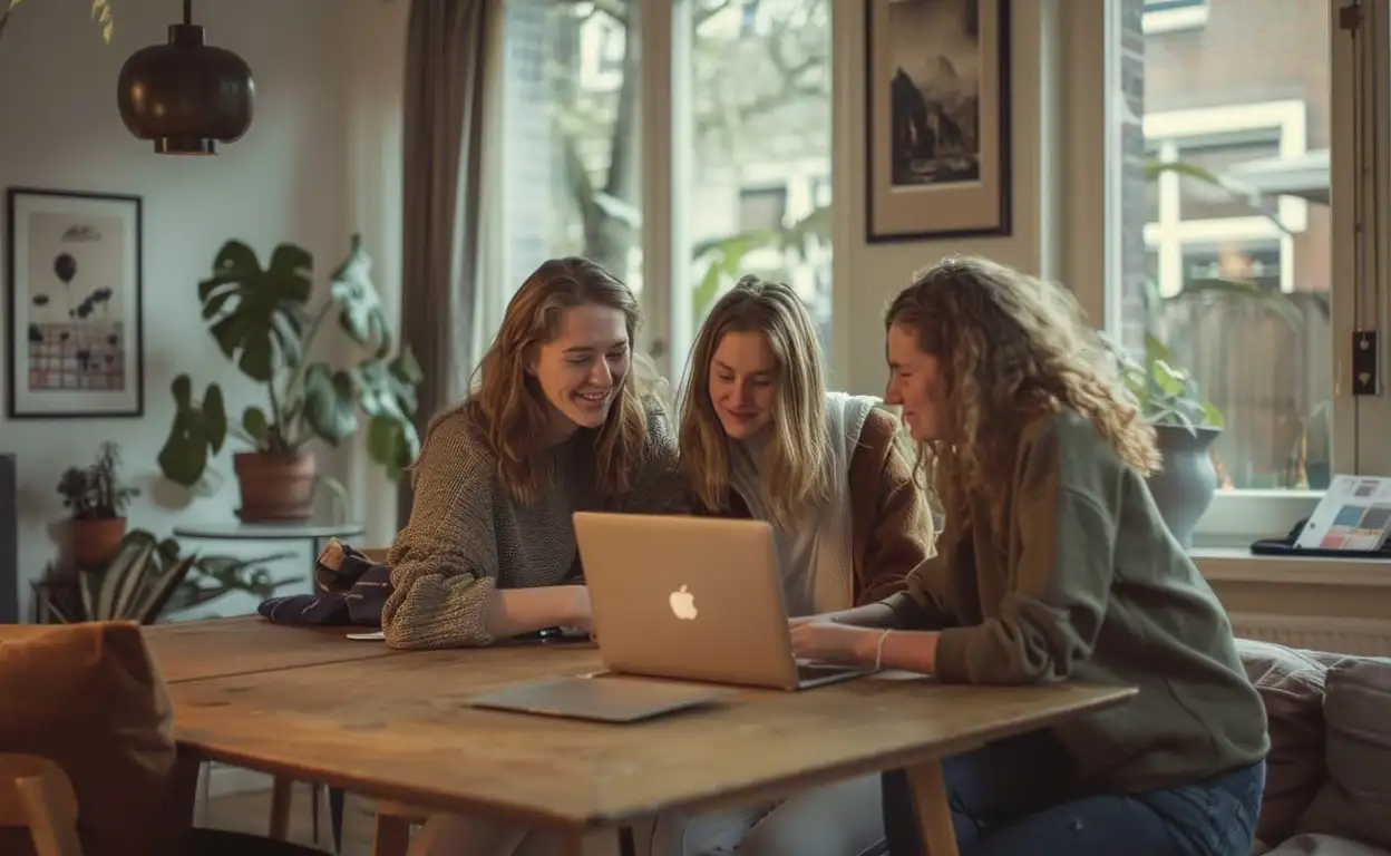 Drie vrouwelijke studenten zitten aan tafel en kijken naar een laptop