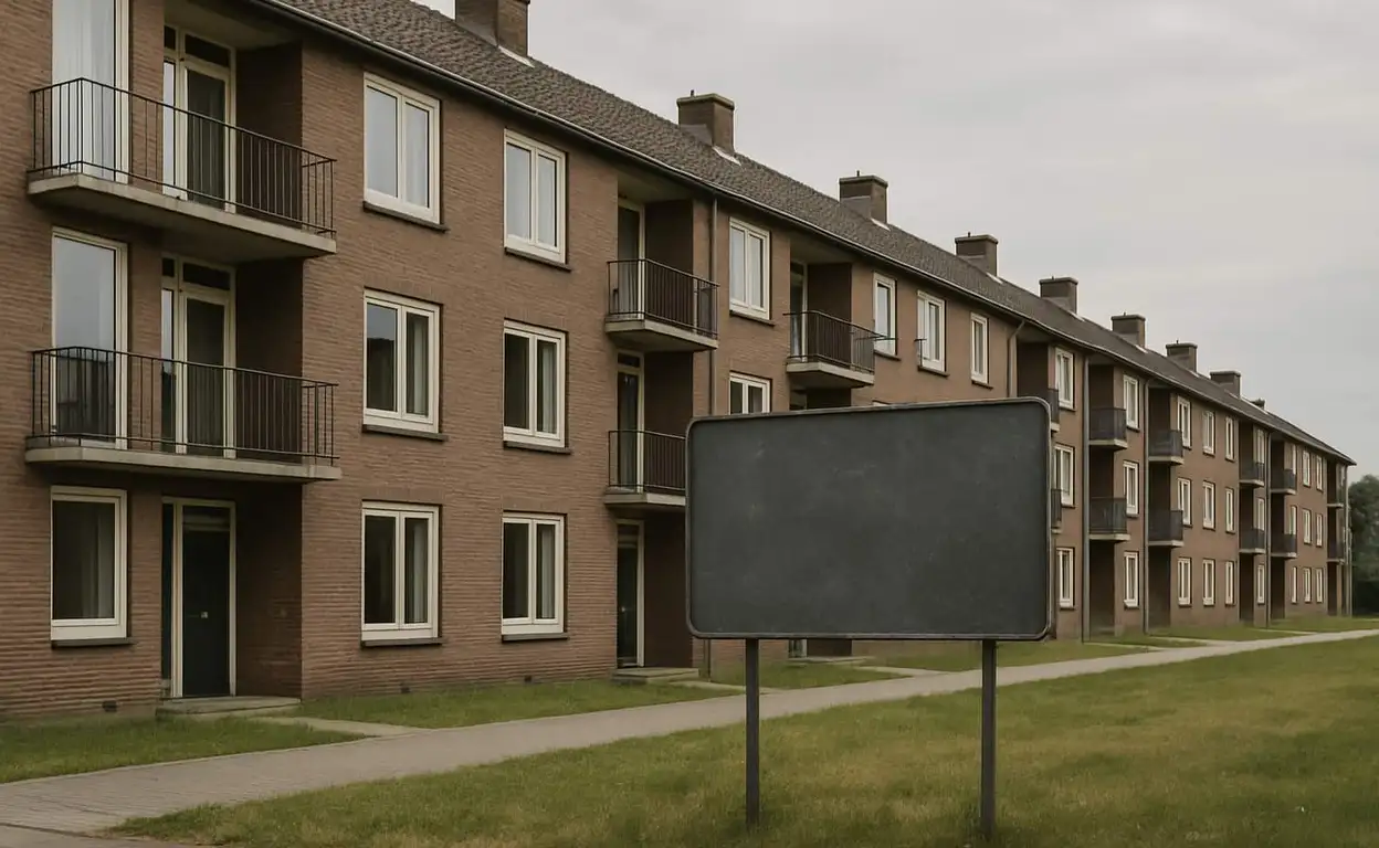 Rij bakstenen appartementen met leeg bord op grasveld onder een grijze lucht.
