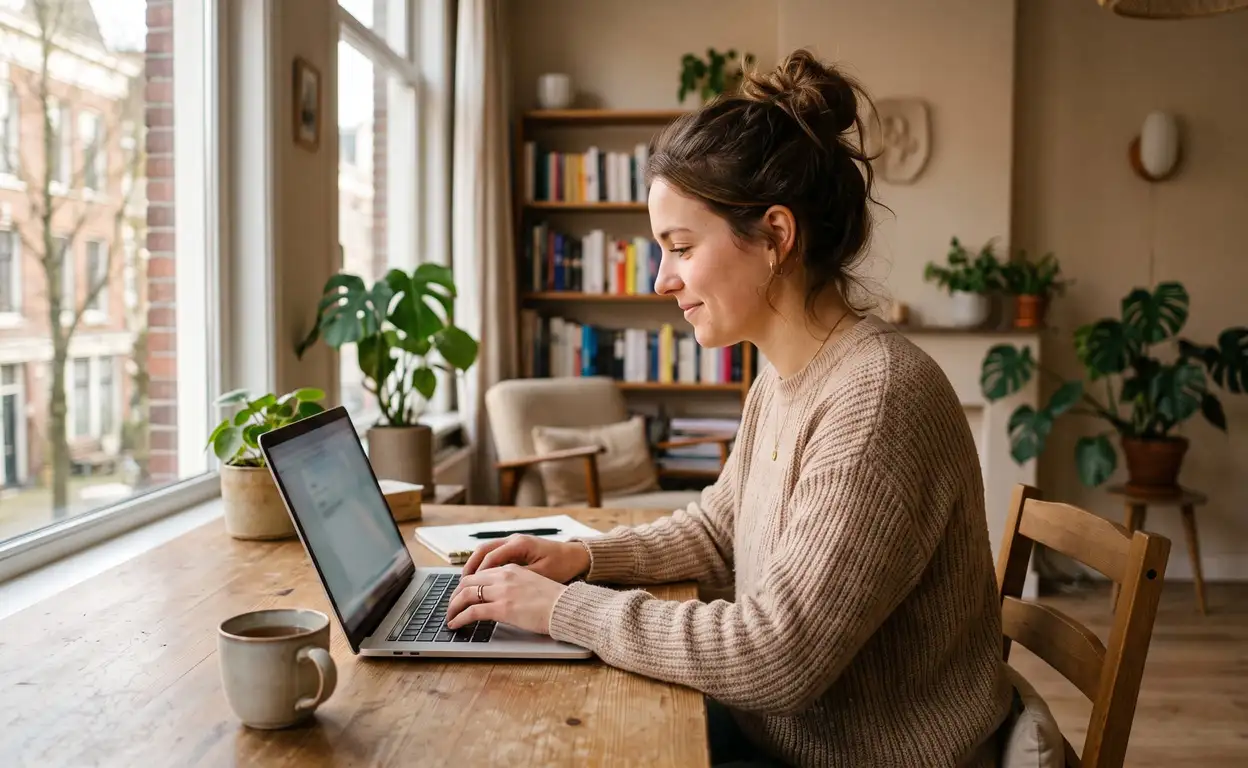 Woningzoeker typt hoopvol een reactie op een huurwoning op een laptop