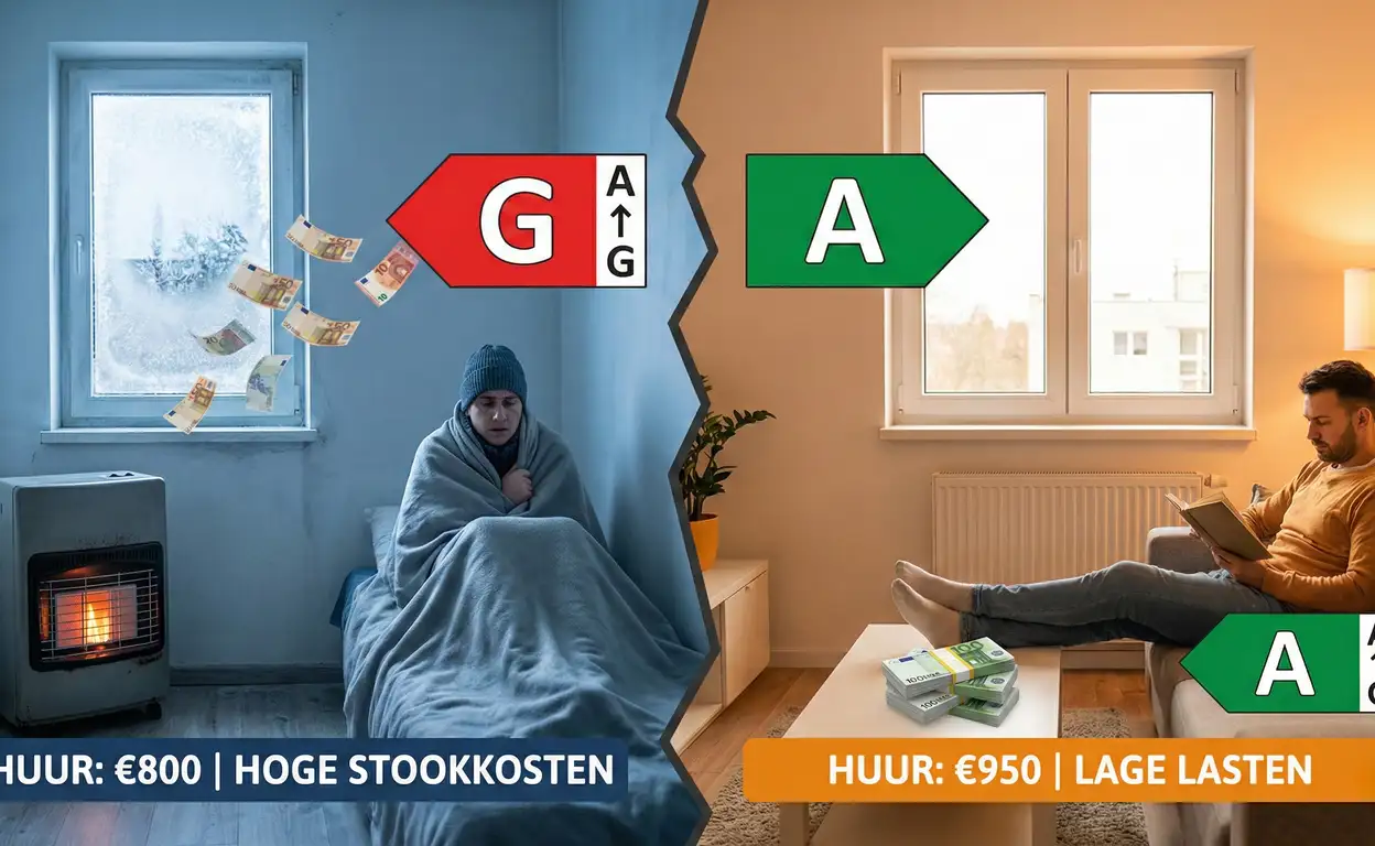 Een vergelijking tussen een koude huurwoning met energielabel G en een warme woning met label A.