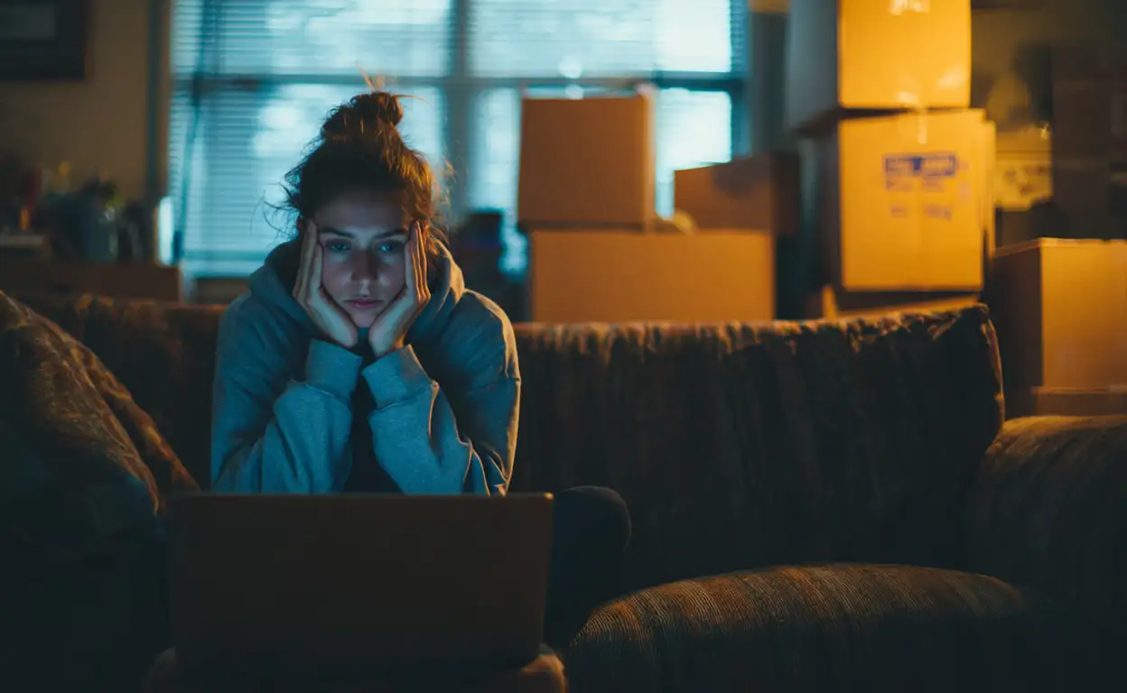 Gestresste vrouw zoekt naar huurwoning op laptop in een donkere kamer.