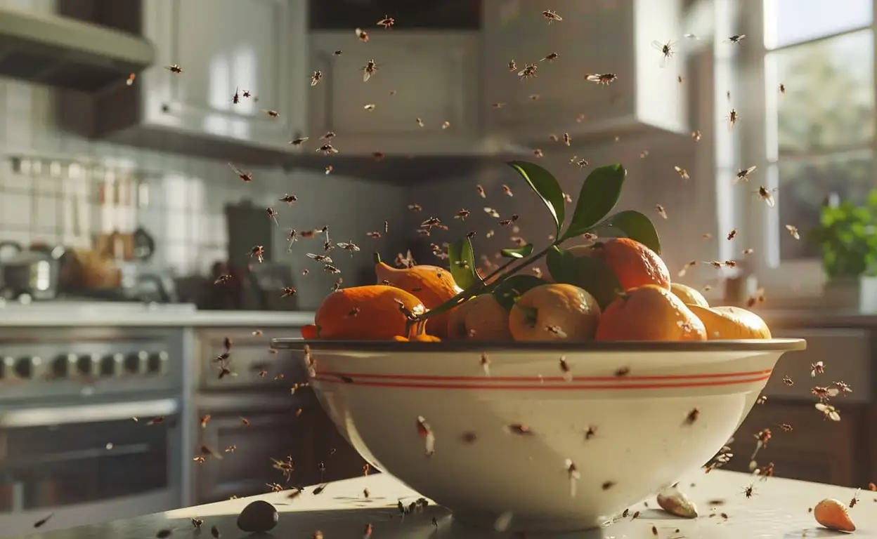 Een fruitschaal met daaromheen een zwerm fruitvliegjes