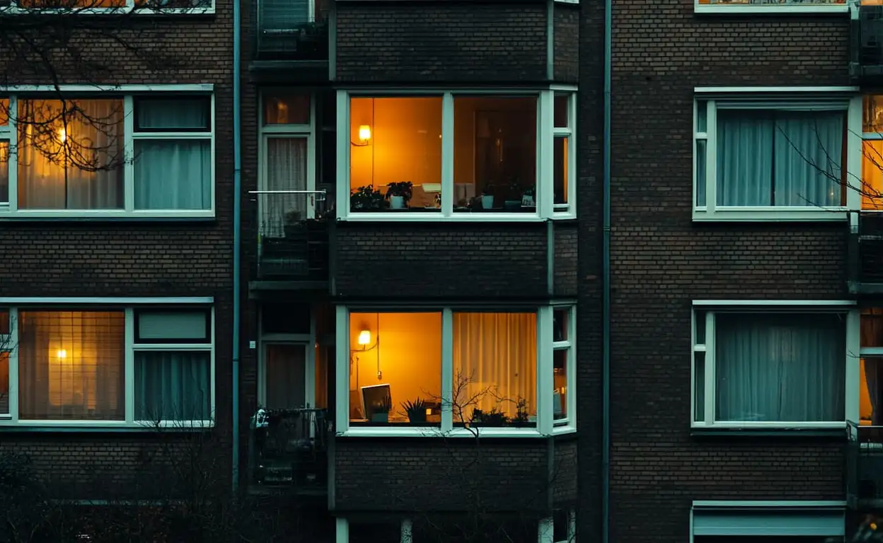 Nederlandse appartementen in de avond. De lichten staan aan in de woonkamers
