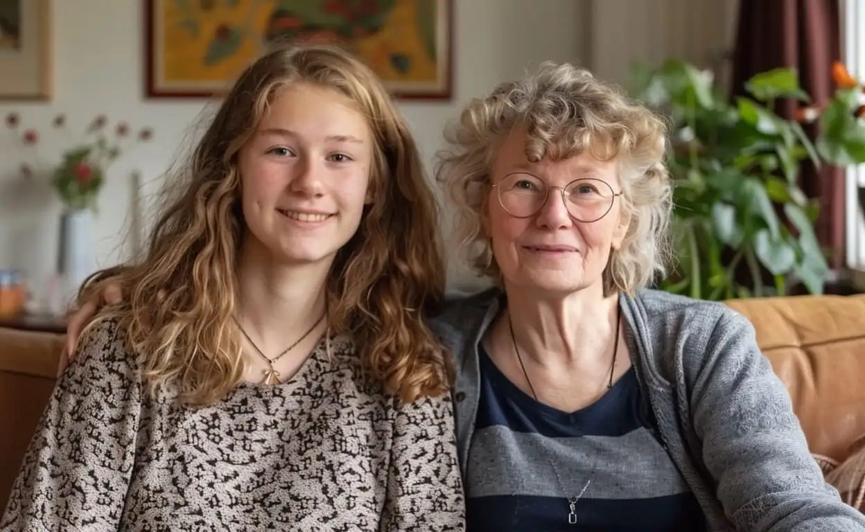 Een oudere vrouw zit samen met een studente op de bank