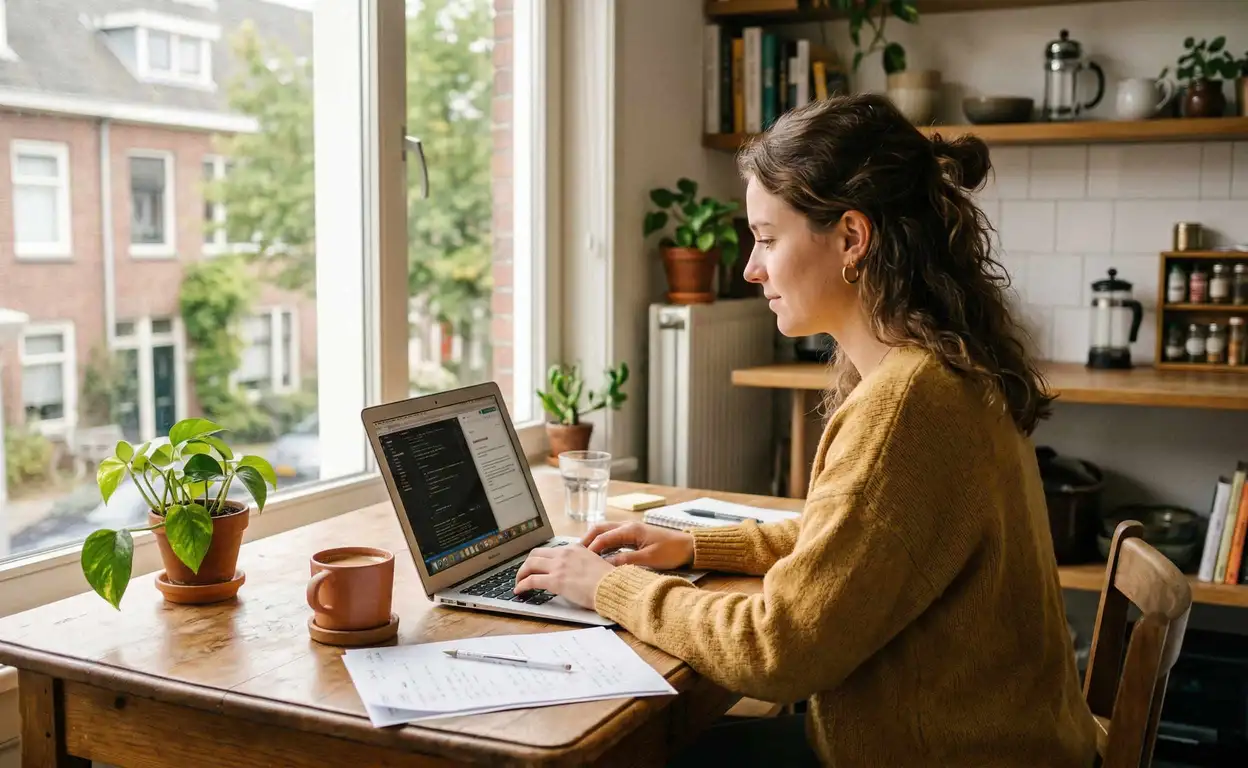 Jonge huurder werkt thuis op laptop aan keukentafel