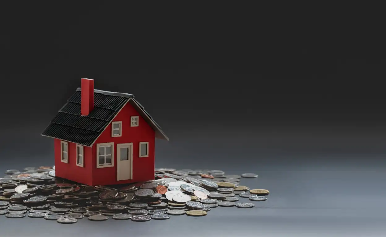 Een rood huis omringt door munten