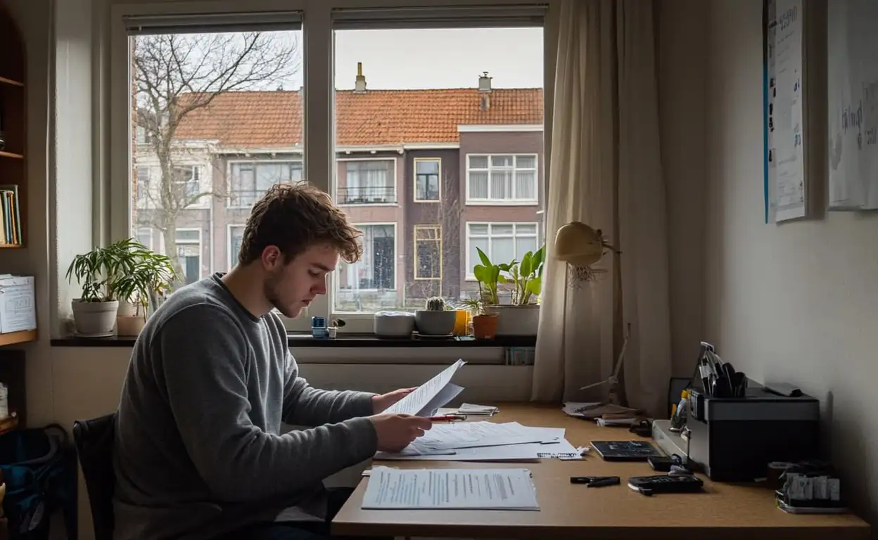 Een jonge huurder zit aan zijn bureau documenten te lezen.