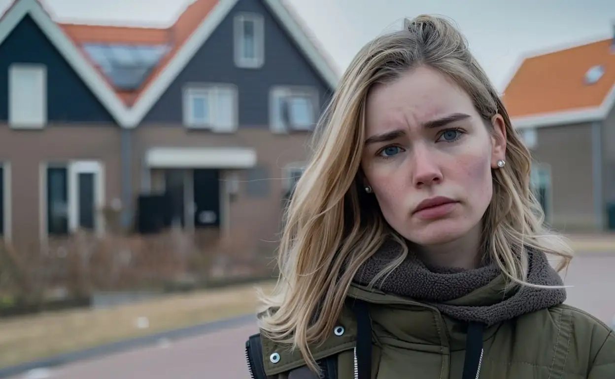 Jonge vrouw kijkt ontevreden en staat voor huurwoning.