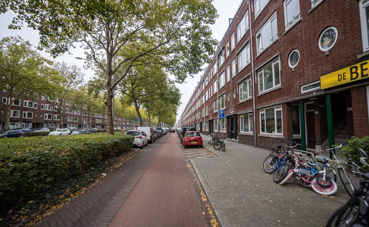 Woningen gelegen aan een roodgekleurde weg met aan de linkerkant bomen met blad.