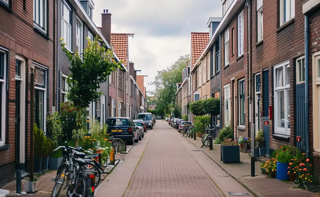 Een straat met verschillende huurwoningen in de vrije sector