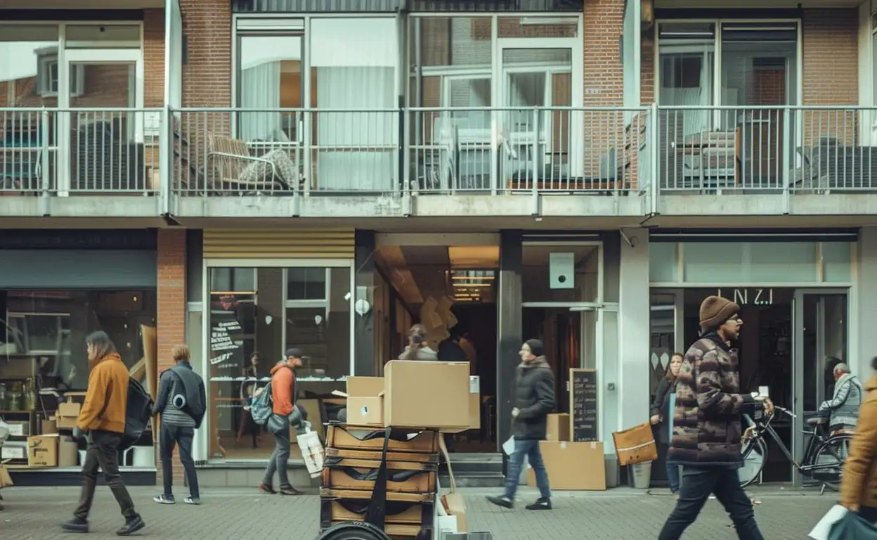 Verschillende verhuisdozen staan bij een appartementencomplex terwijl mensen langslopen.