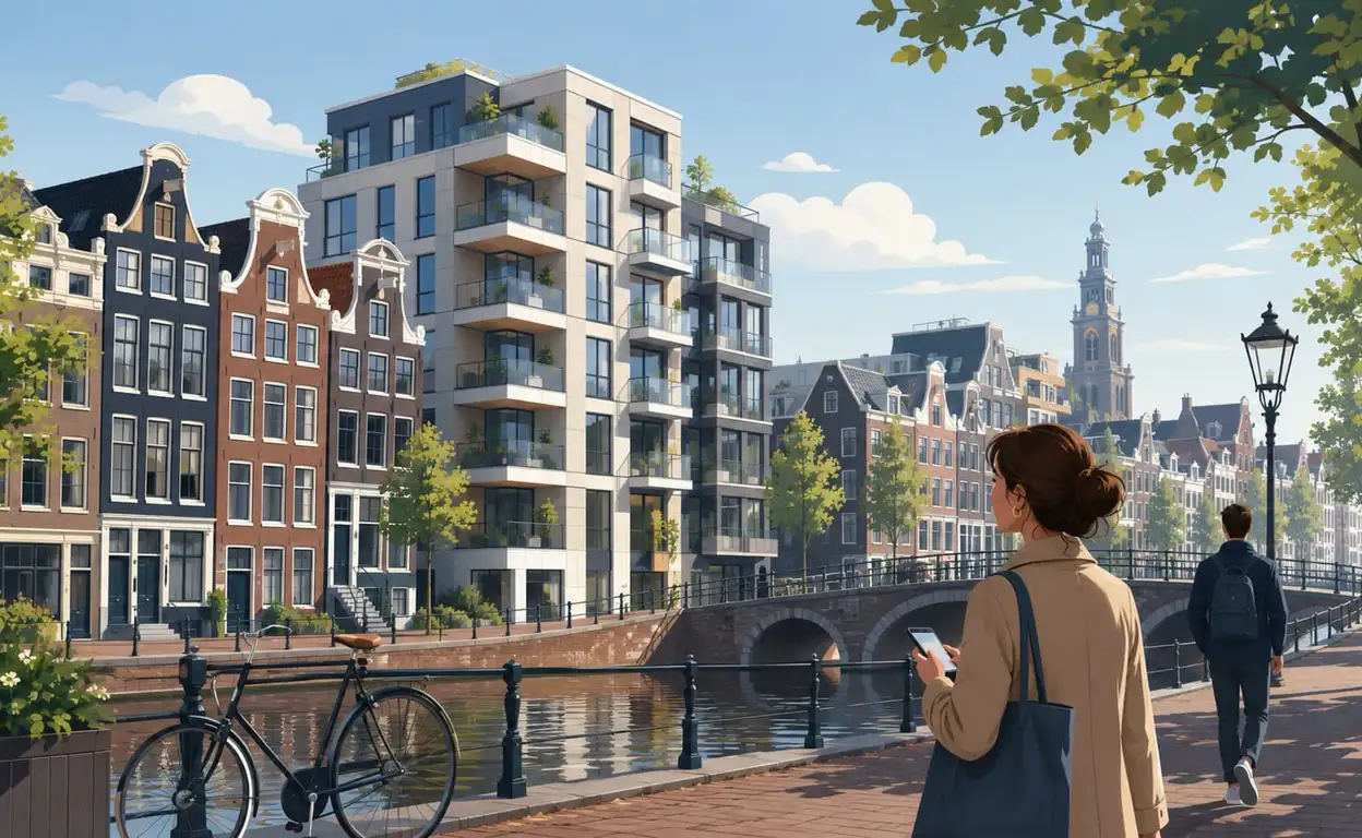 Illustratie van woningzoekenden bij moderne appartementen en grachtenpanden in een Nederlandse stad