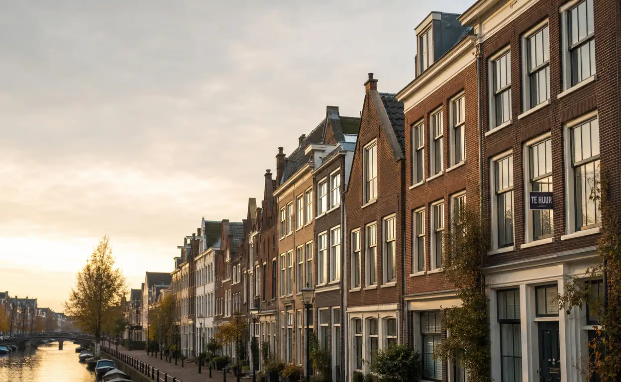 Nederlandse grachtenpanden met een subtiel ‘Te huur’-bord in een raam.