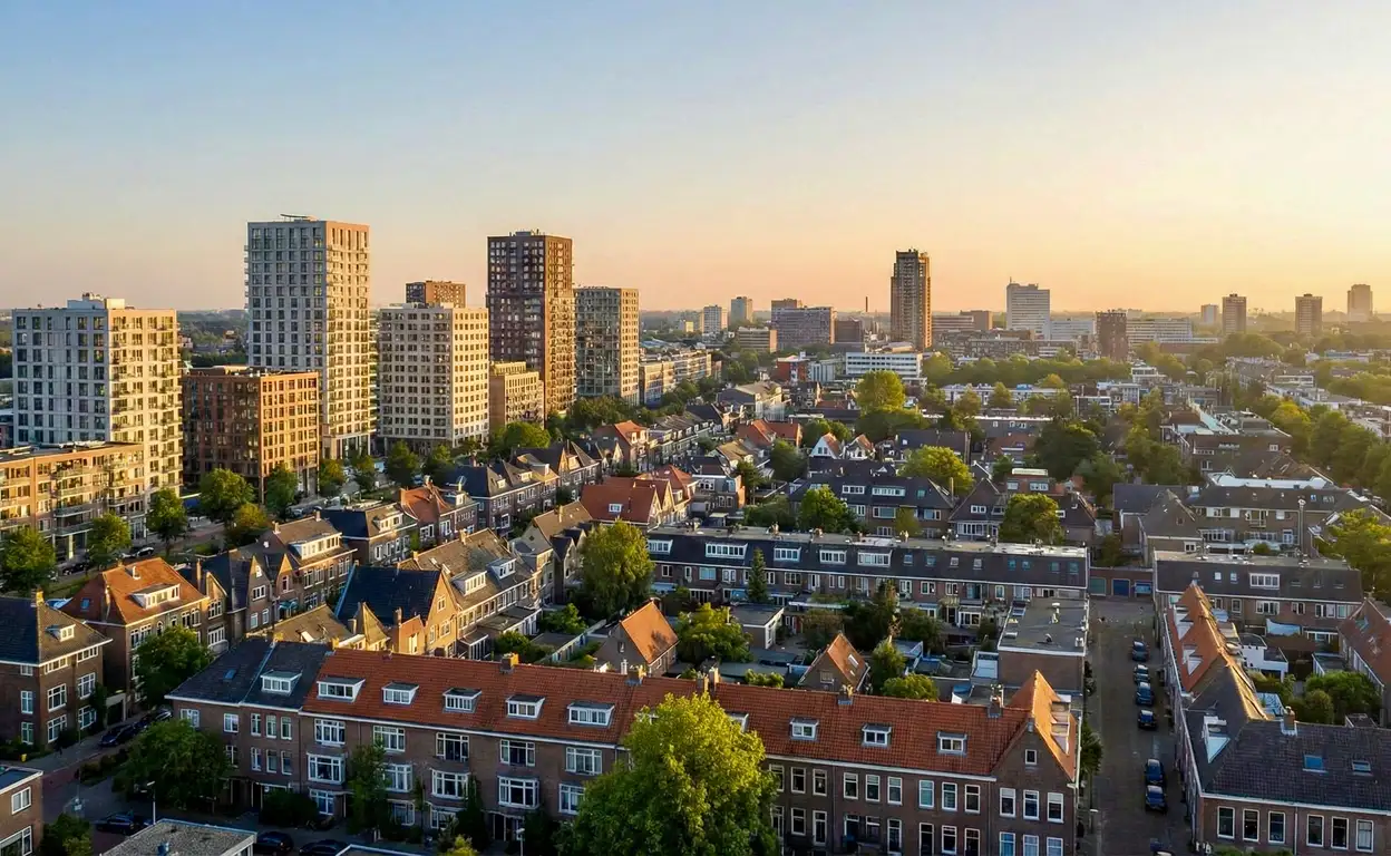Panoramazicht op een Nederlandse stad bij zonsopgang, met een combinatie van traditionele laag en hoogbouw.