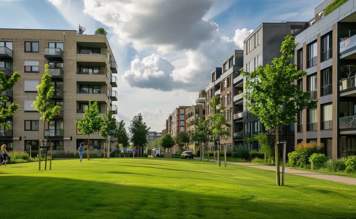 Verschillende huurwoning flats met daartussen een groen grasveld