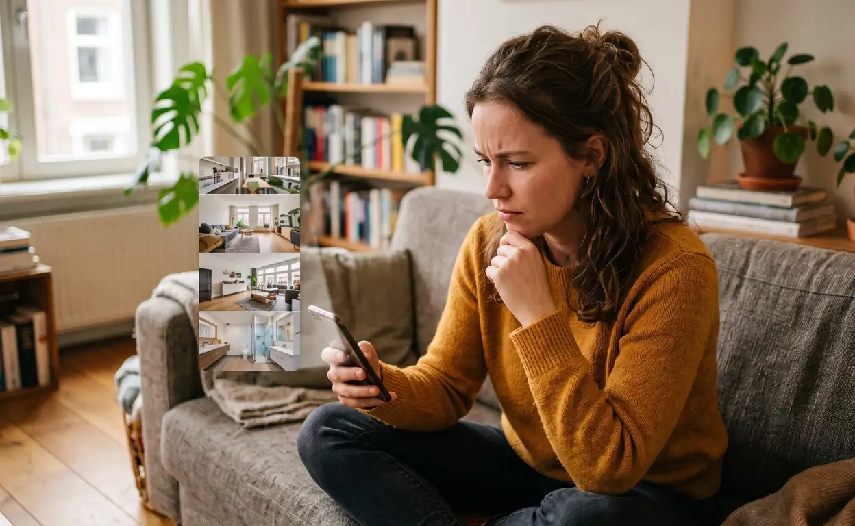 Woningzoeker bekijkt twijfelend een huurwoning op TikTok en let op oplichting