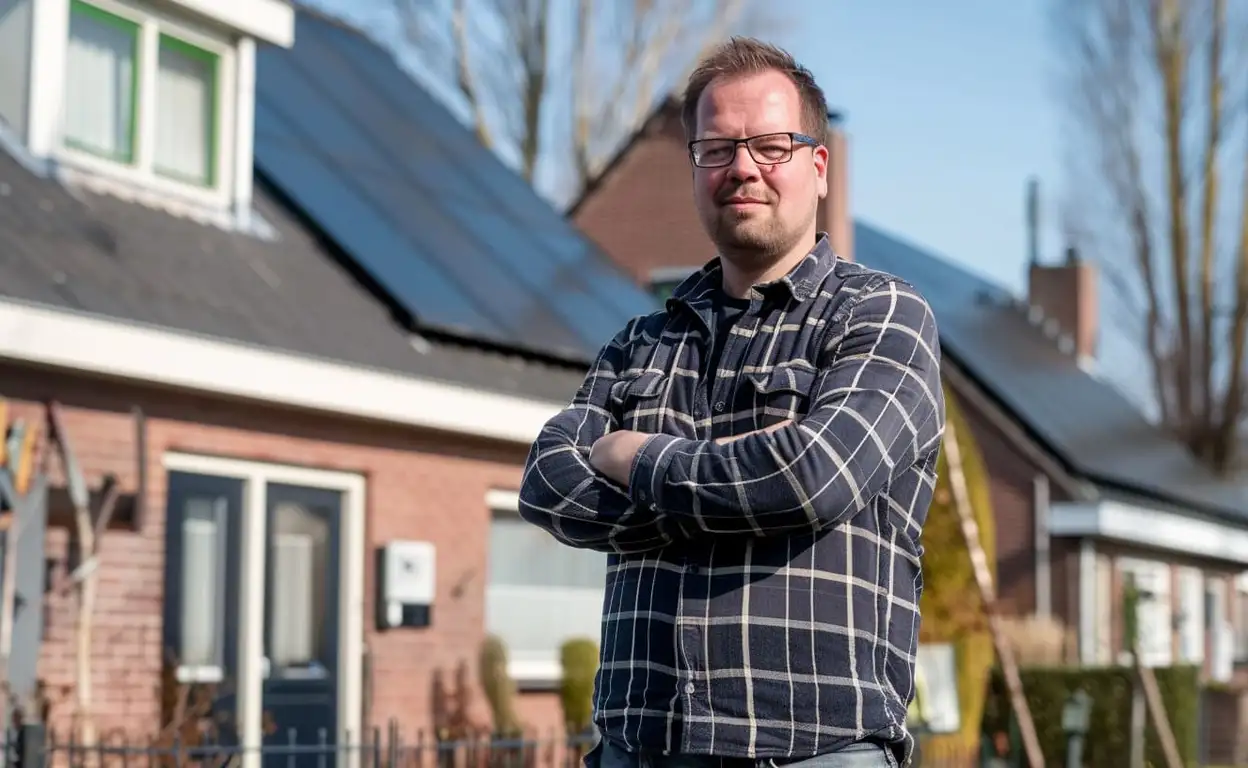 Huurder staat voor zijn huurwoning en kijkt tevreden want er zijn zonnepanelen geplaatst.