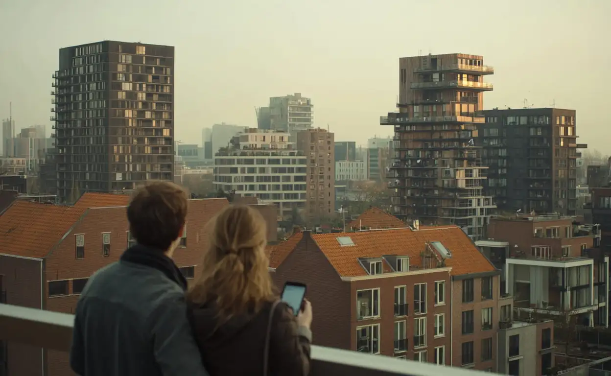 Koppel kijkt uit over een Nederlandse stad met huurwoningen en hoogbouw, één van hen houdt een smartphone vast.