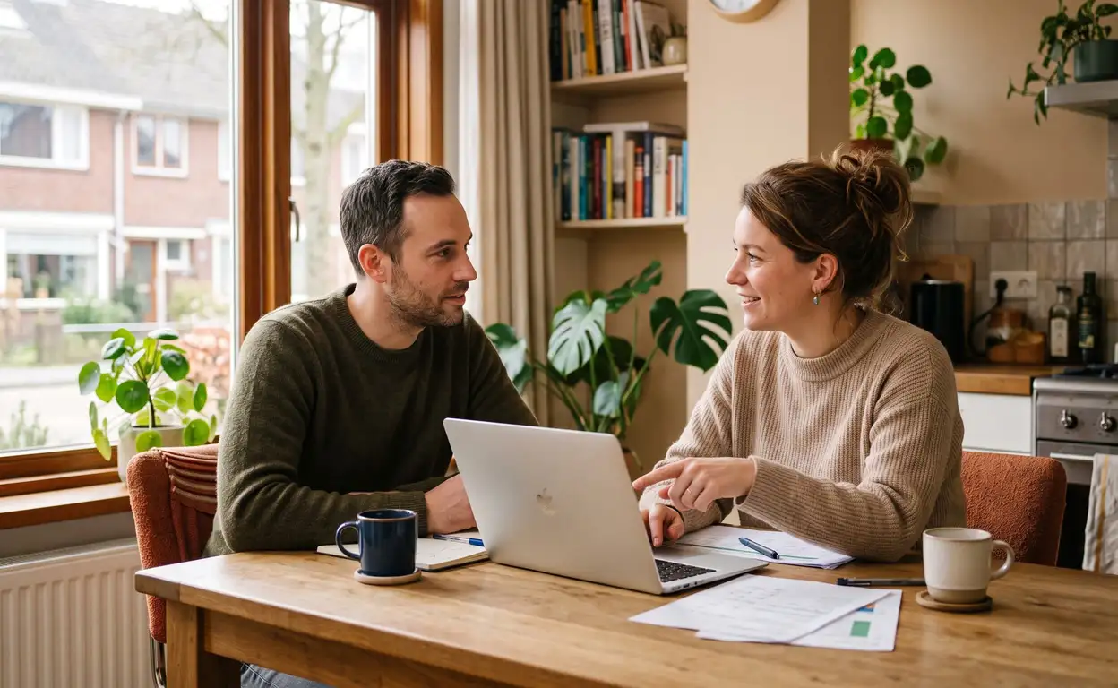 Twee mensen overleggen aan tafel over opties bij een te laag inkomen