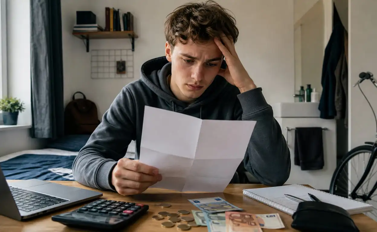 Student leest bezorgd een huurverhogingsbrief in zijn kamer met laptop, rekenmachine en geld op tafel.