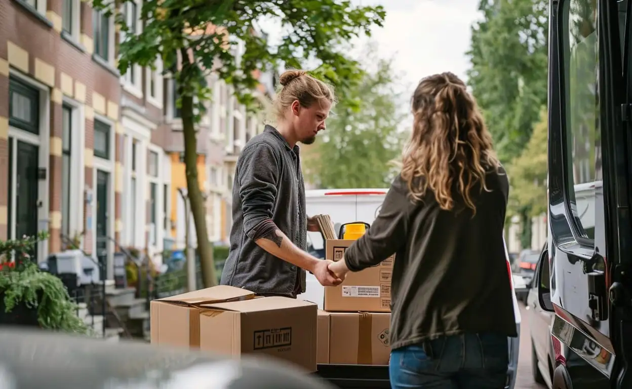 iemand met verhuisdozen bij een busje