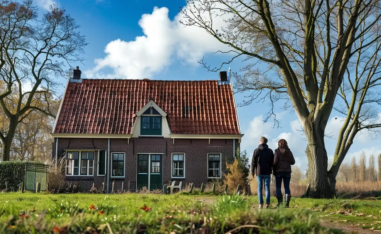 Een koppel staat voor een typisch Nederlands huis met rode dakpannen en grasveld aan de voorkant