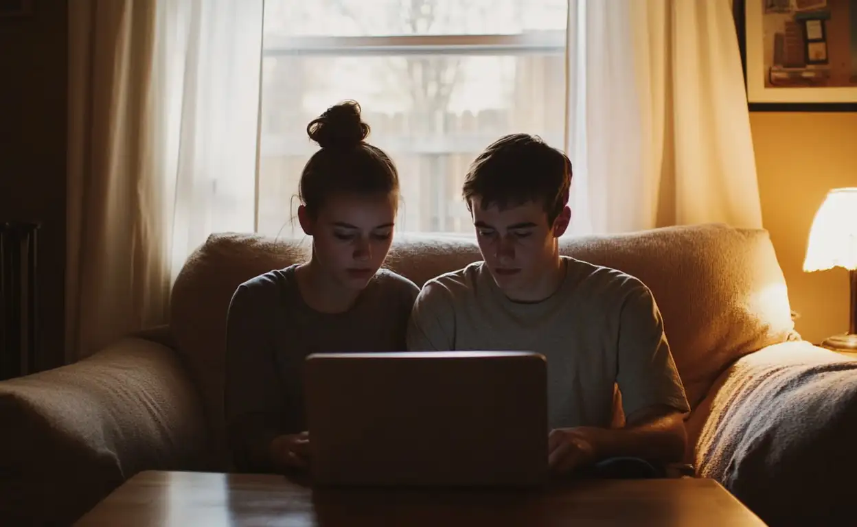Koppel kijkt naar een laptop voor huurwoningen in het middensegment.