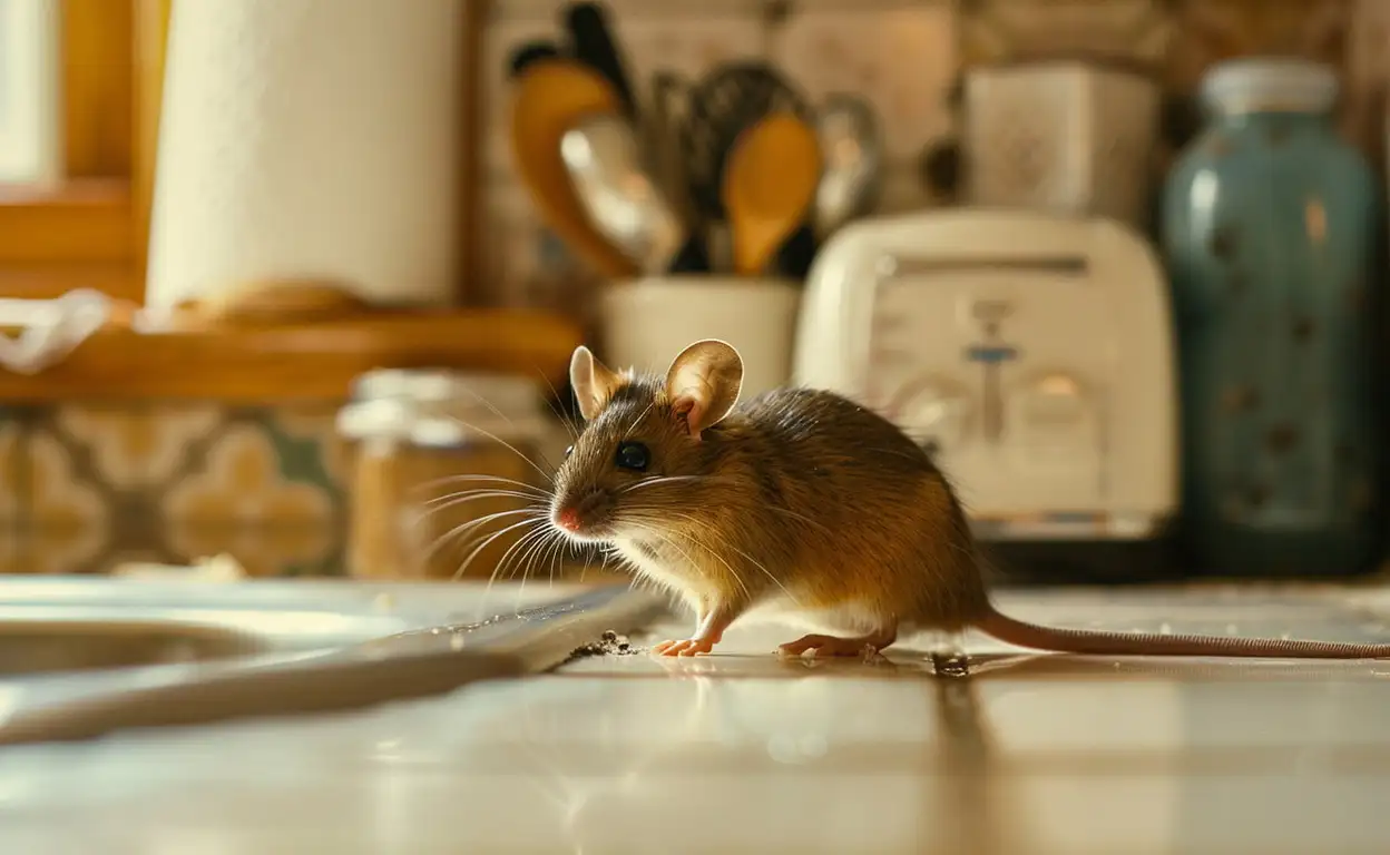 Een muis zit op het aanrecht met wat kruimels om hem heen.