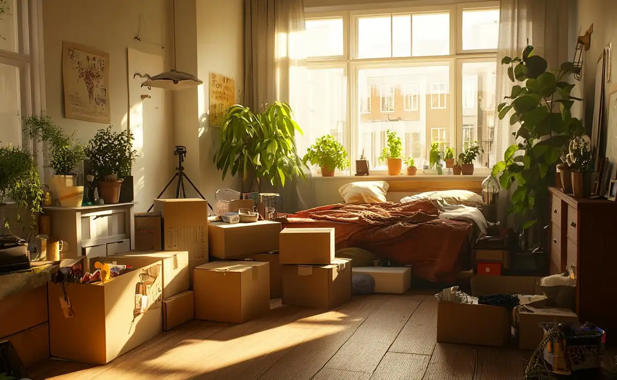 Verhuisdozen staan in een appartement vol spullen wat duidt op een goede uitzet checklist.