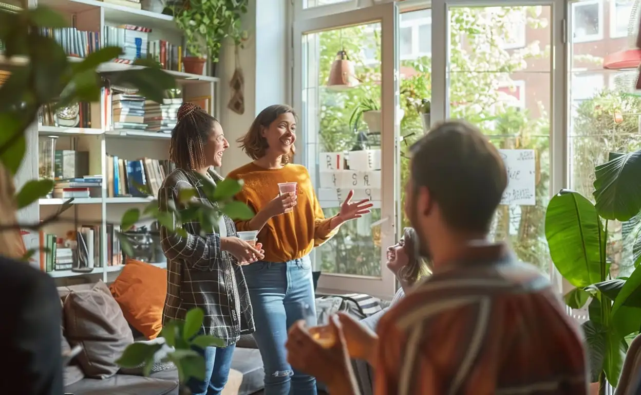 Vrienden praten met elkaar op een housewarming