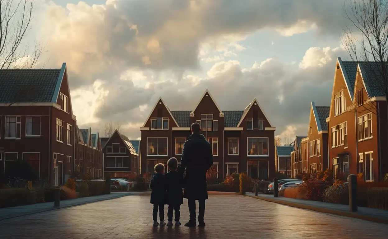 Jong gezin staat voor uitverkocht woningproject in Nederland, kijkend naar de huizenmarkt