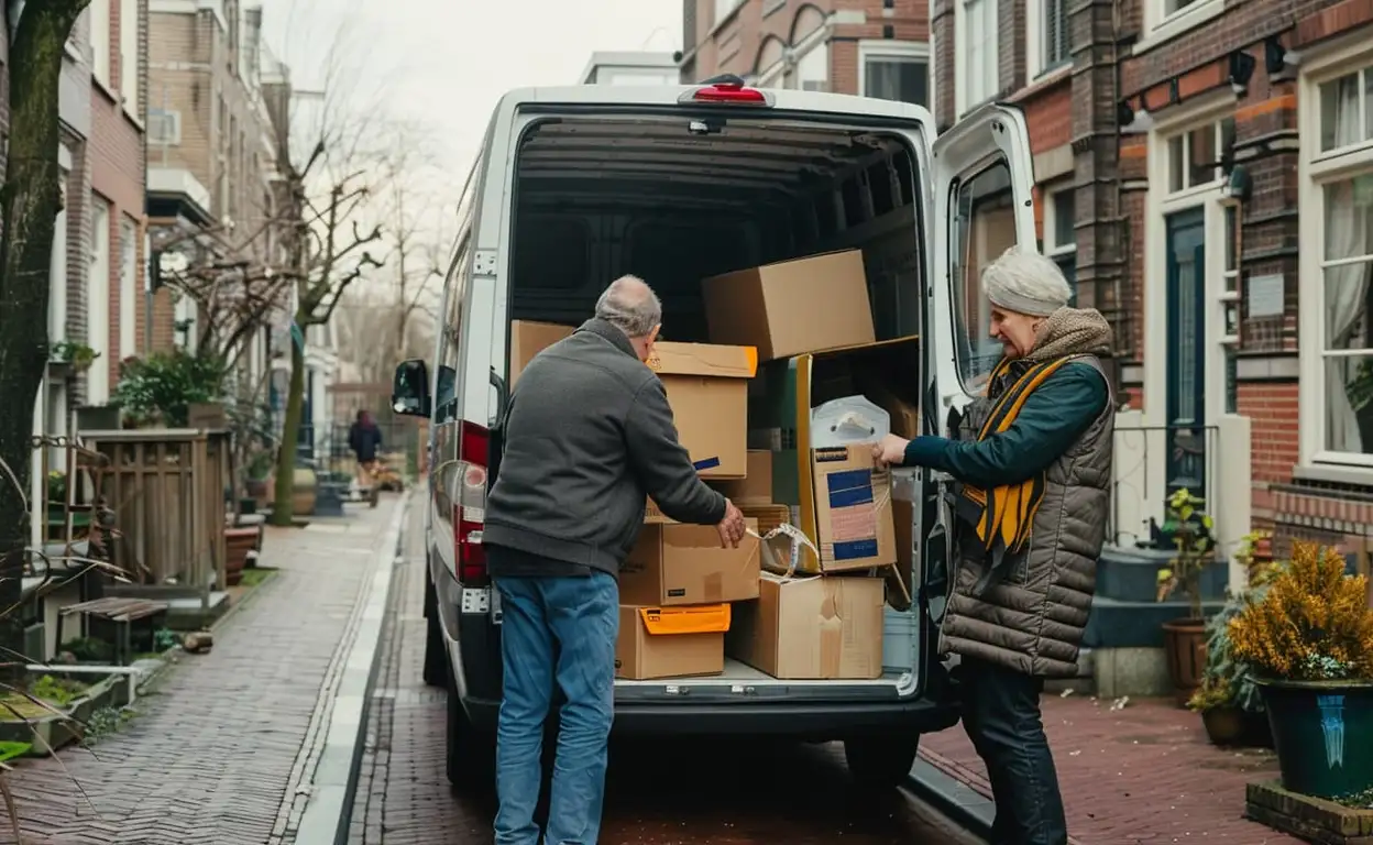 Een man en vrouw zijn een verhuiswagen aan het inladen met verhuisdozen