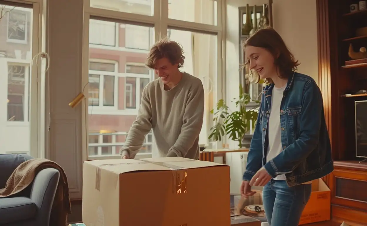 Een jong stel is net gaan samenwonen en pakt dozen uit.