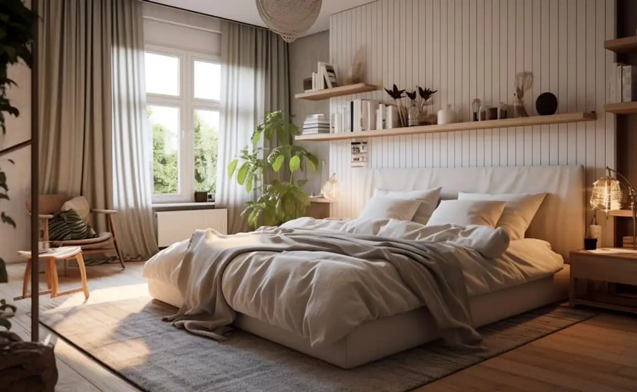 Rustgevende slaapkamer met aardse tinten.
