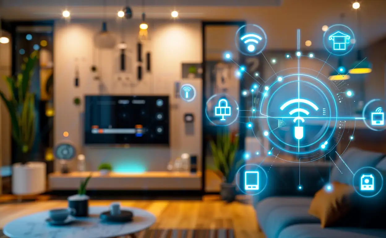 Een woonkamer met een TV en smart symbolen in de foto