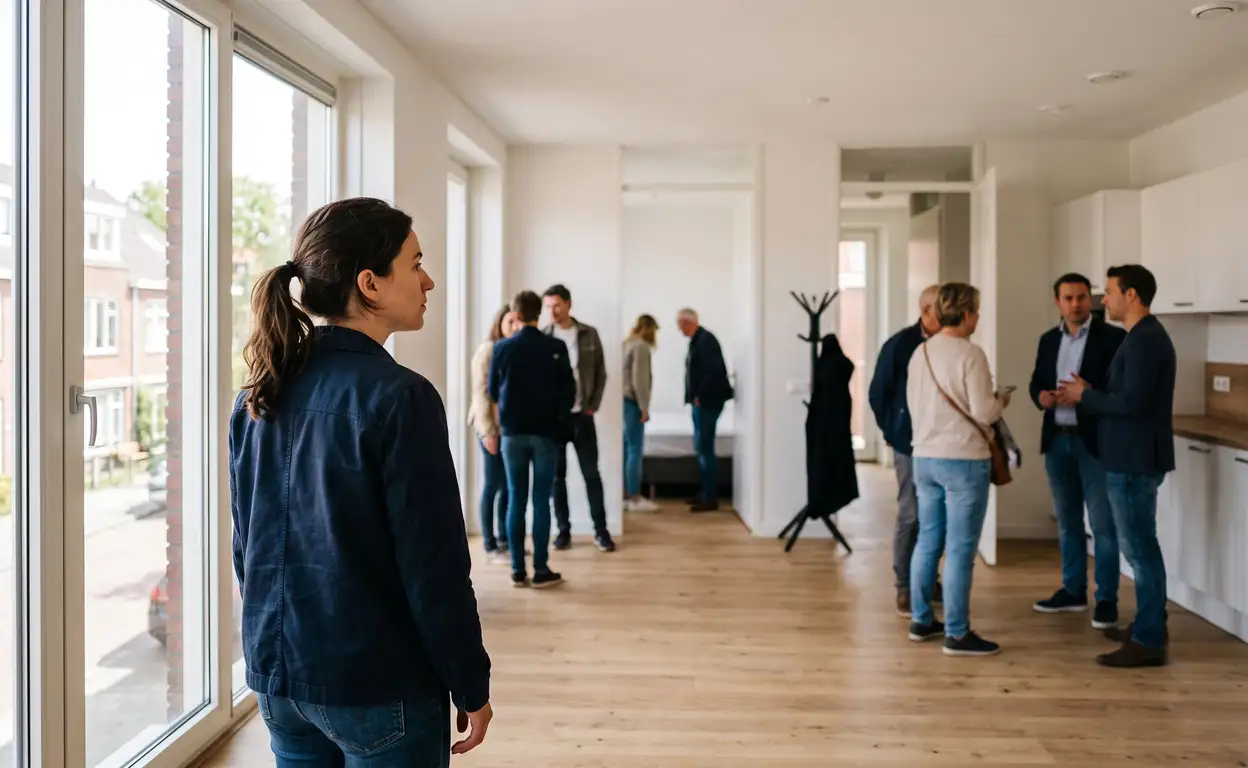 Woningzoekers bekijken een lichte lege huurwoning tijdens een drukke kijkdag