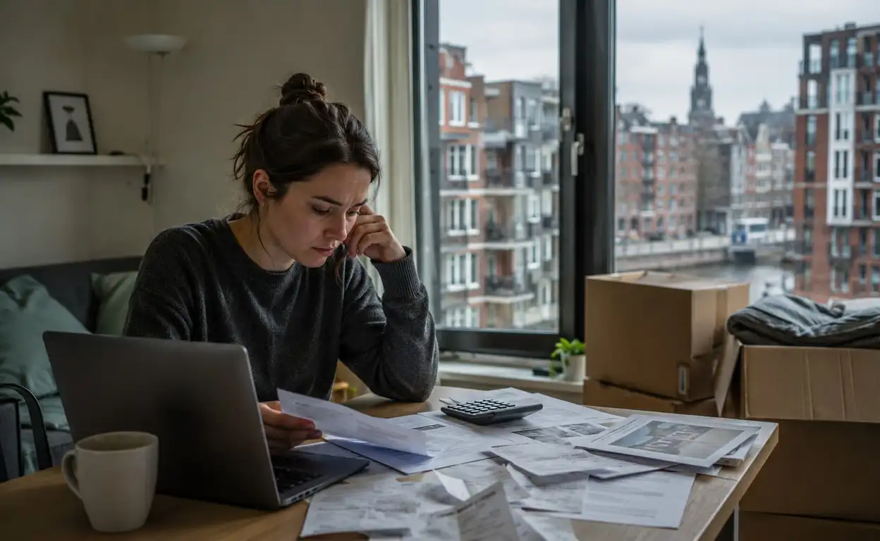 Starter bekijkt rekeningen in appartement met verhuisdozen en uitzicht op de stad.
