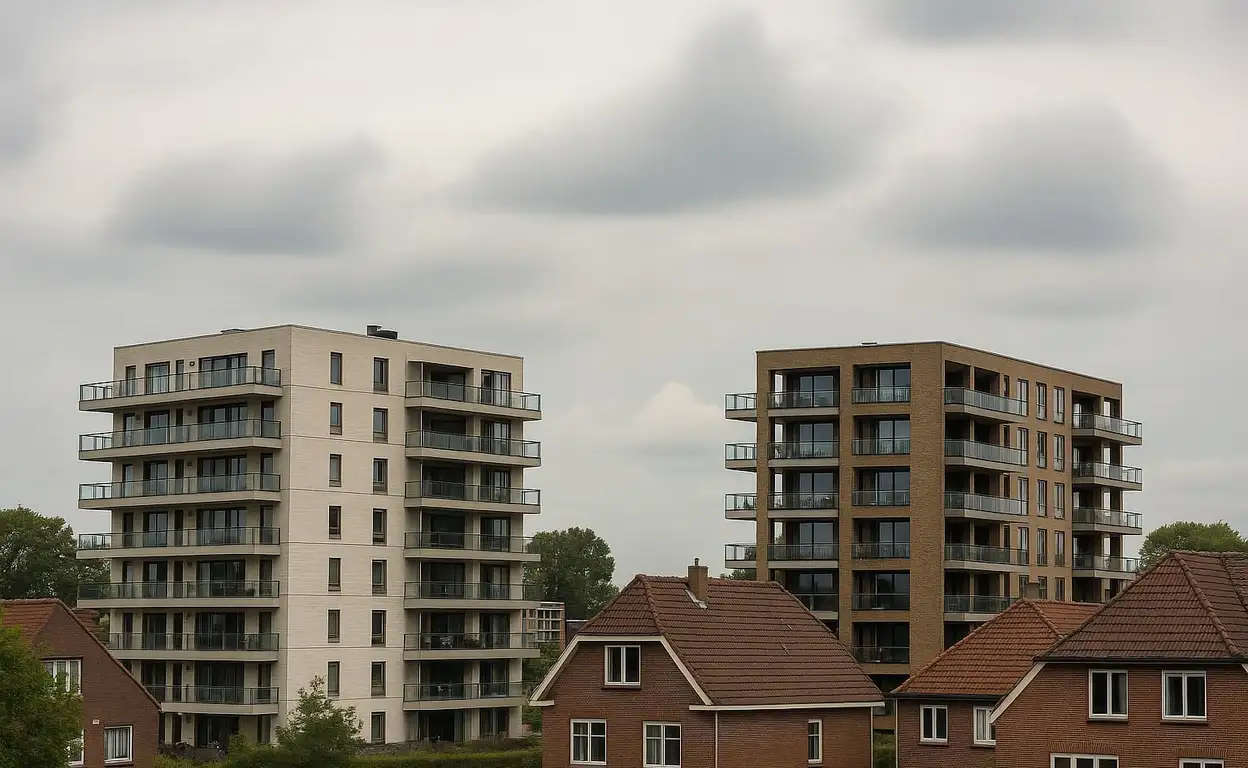 Moderne seniorenappartementen naast traditionele huizen in een groene woonwijk