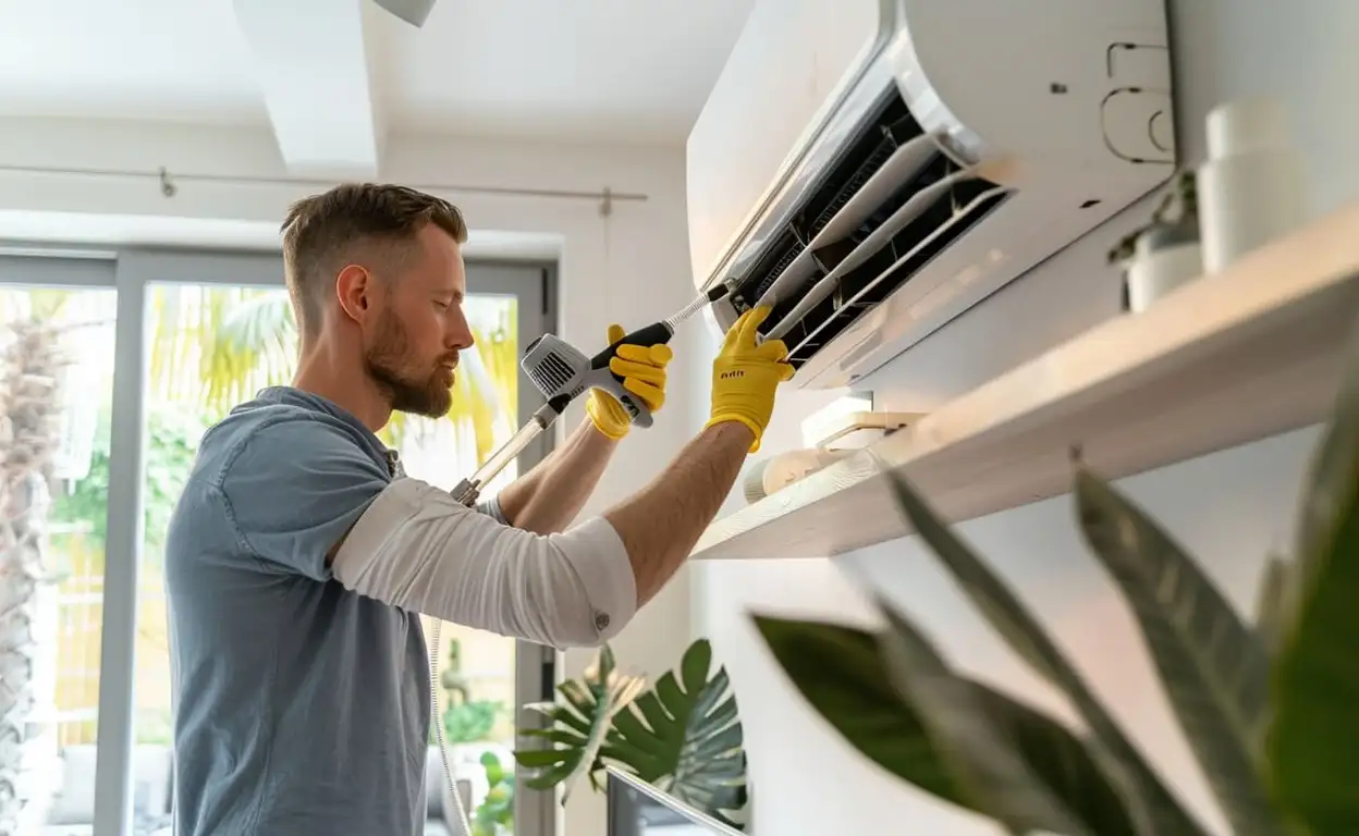 Man maakt ventilatiesysteem schoon.