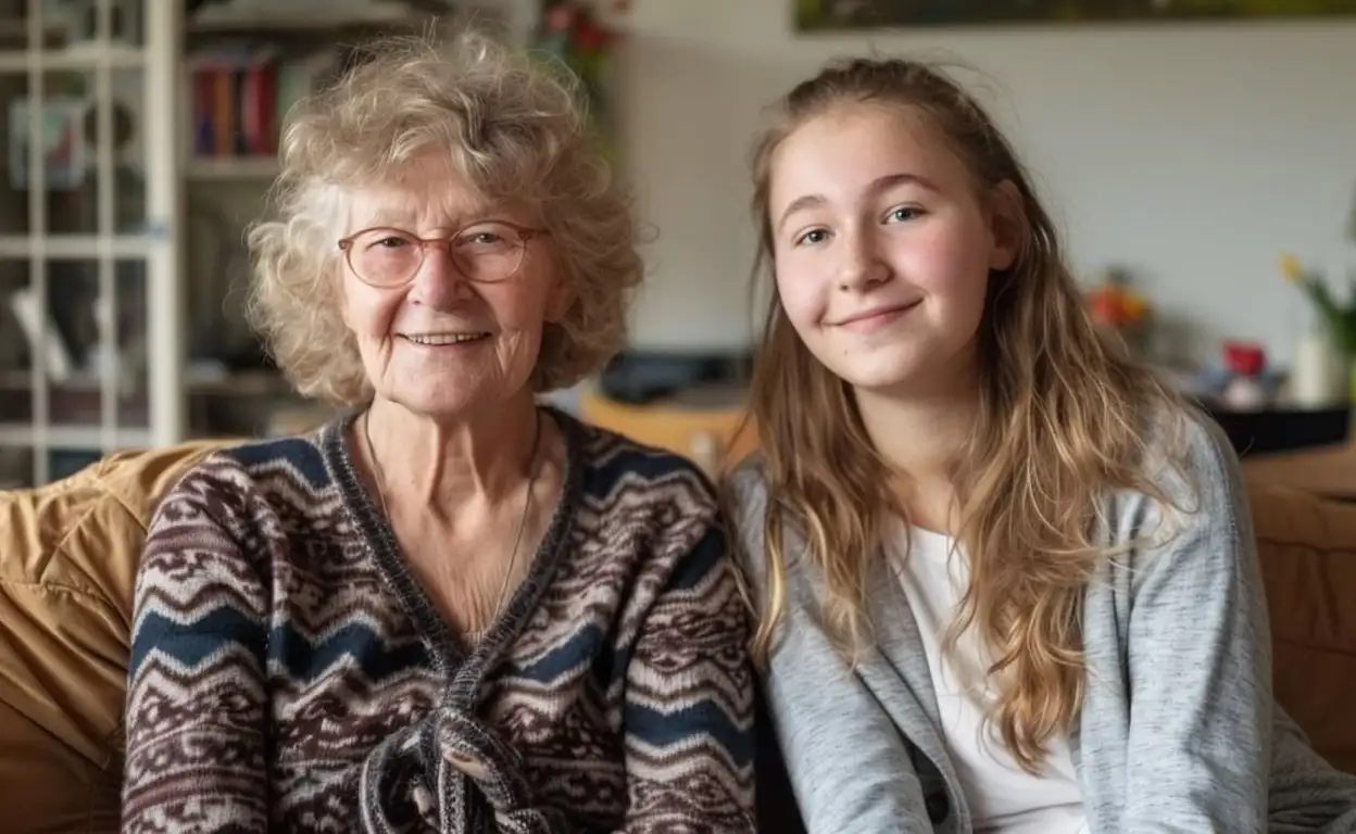 Een student zit op de bank bij een oudere vrouw die hospita is.