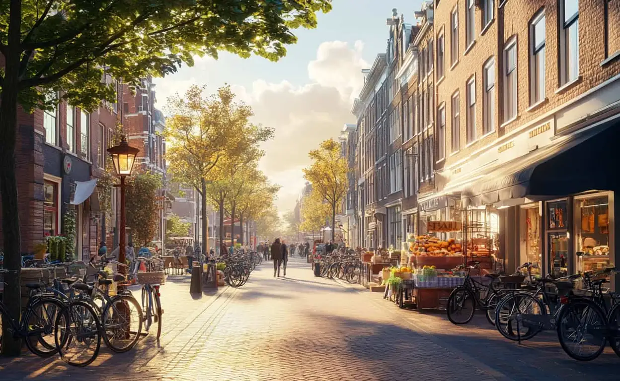 Een straat in Amsterdam met fietsen en winkeltjes aan de zijkanten.