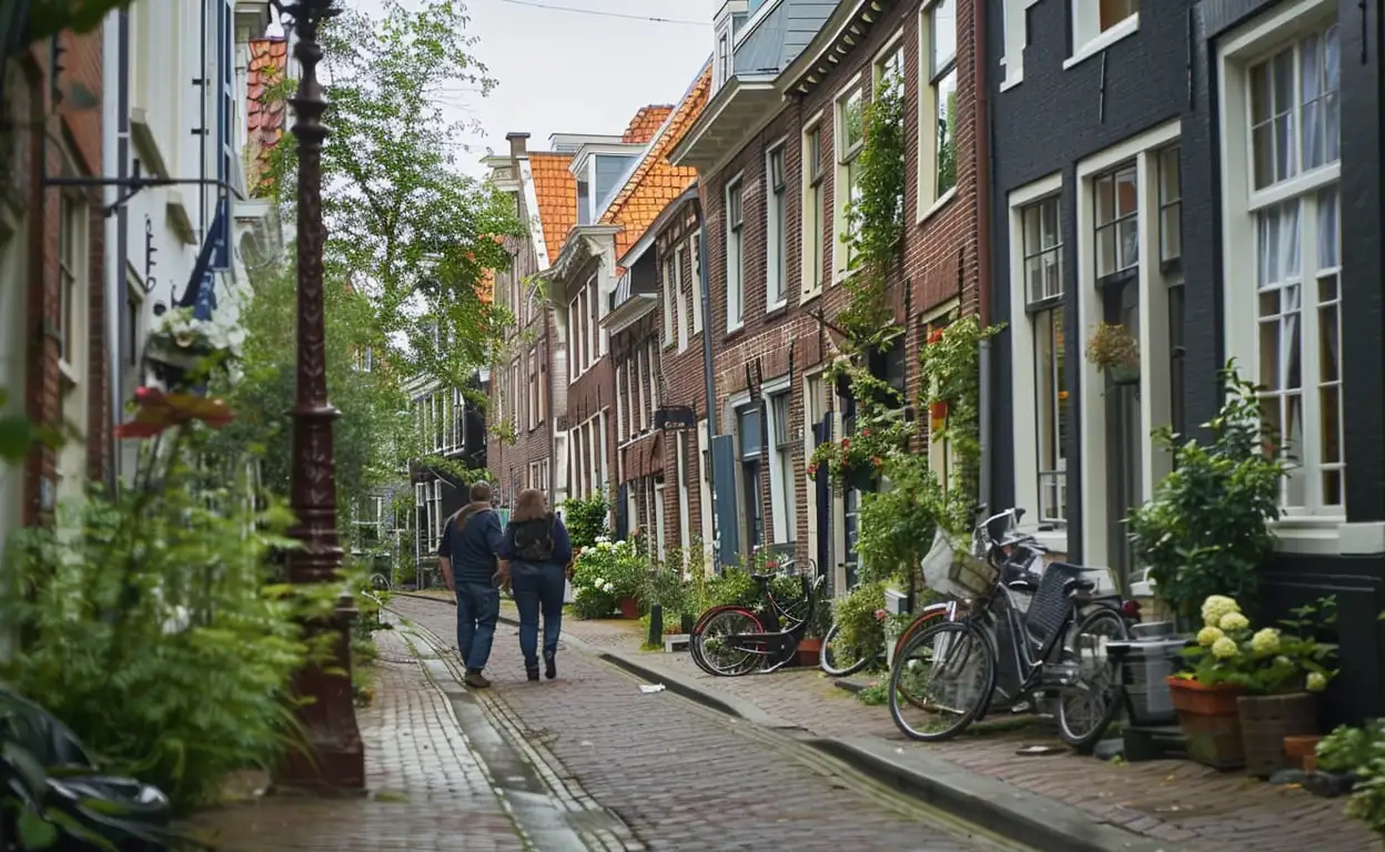Man en vrouw lopen in een straat met particuliere huurwoningen.