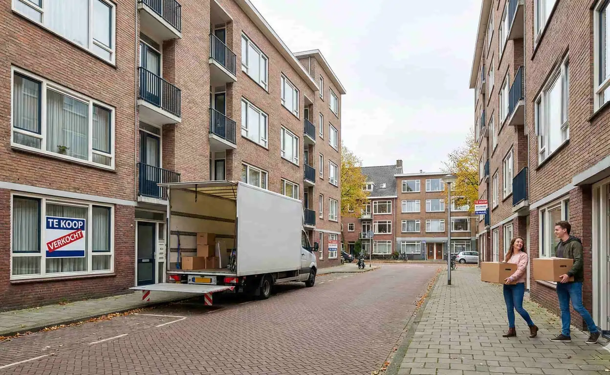 Verhuiswagen voor appartementencomplex, jong stel draagt dozen, 'Te Koop Verkocht' bord in raam.