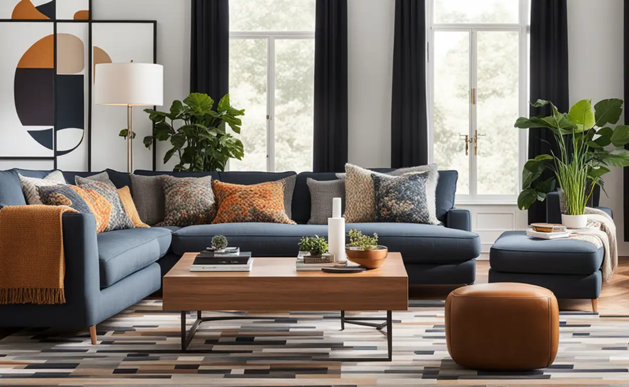Een vloerkleed in een huurwoning dat matcht met overige woonaccessoires zoals de poef, sierkussens en plaid.